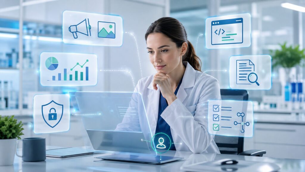 Profesional de Biodiv utilizando inteligencia artificial en laboratorios clínicos para apoyar procesos digitales, administrativos y de seguridad.