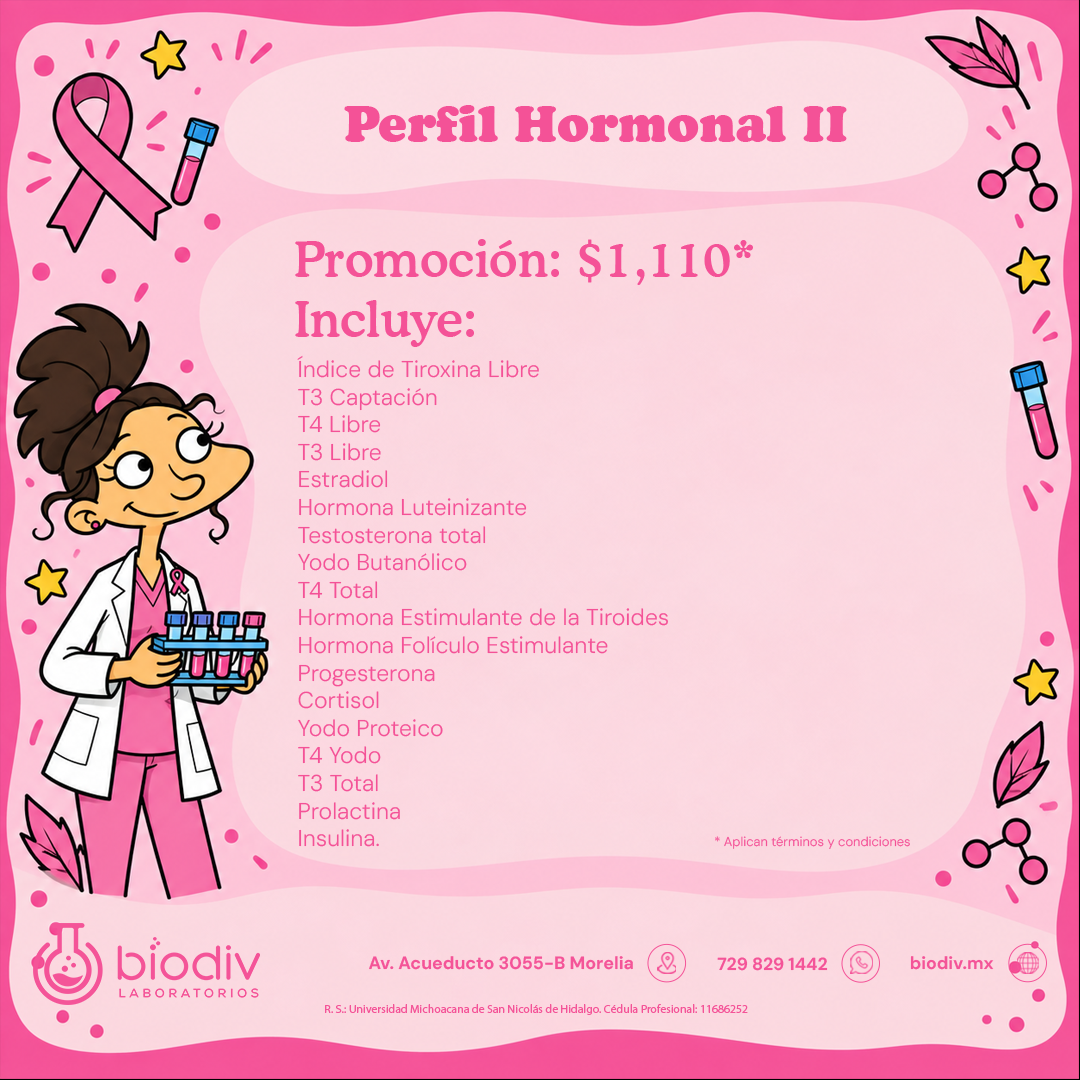 Promoción mes rosa Octubre 2026 Laboratorio Análisis Clínicos Biodiv Morelia