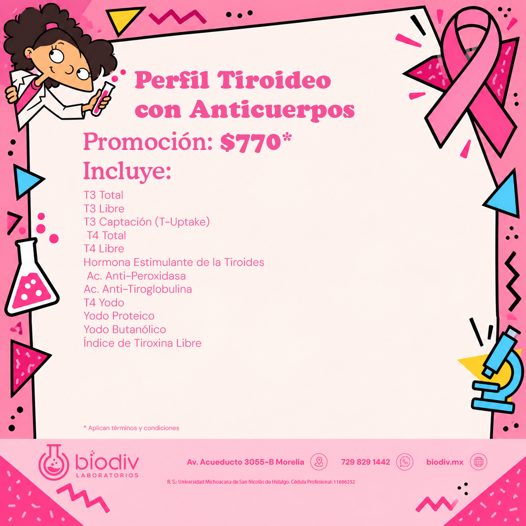 Promoción mes rosa Octubre 2026 Laboratorio Análisis Clínicos Biodiv Morelia