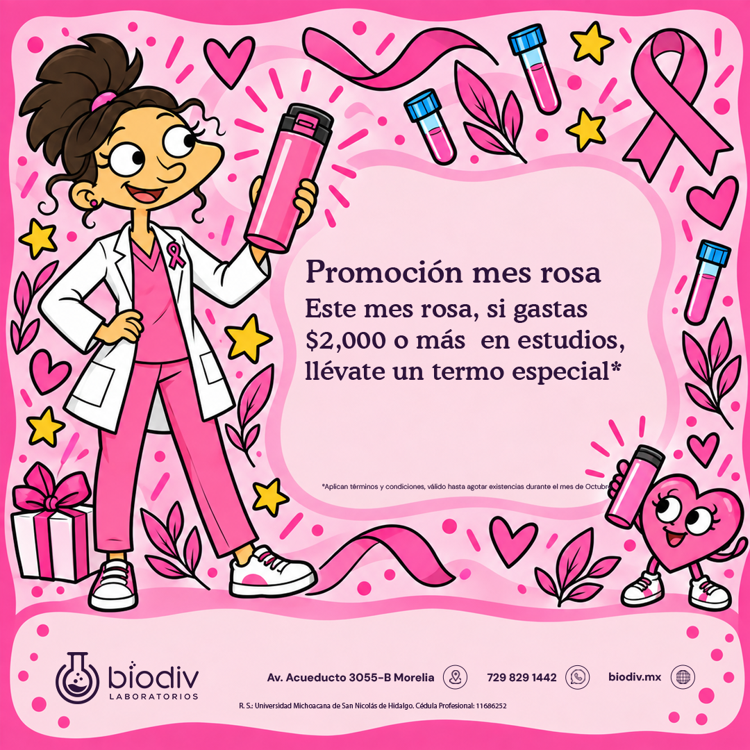 Promoción mes rosa Octubre 2026 Laboratorio Análisis Clínicos Biodiv Morelia